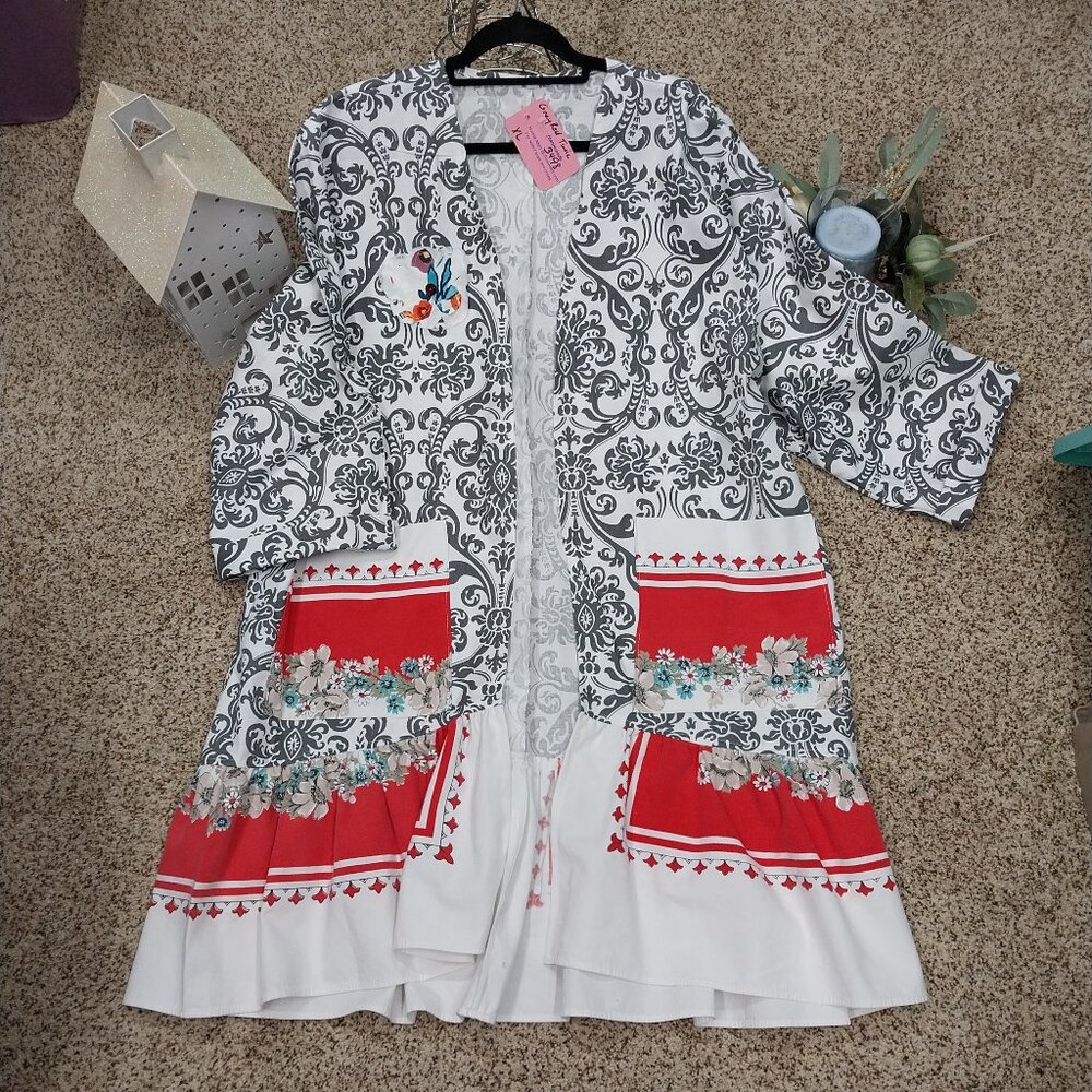 3498 Size XL Long Duster Upcycled from  Linen /Cotton Tablecloths,